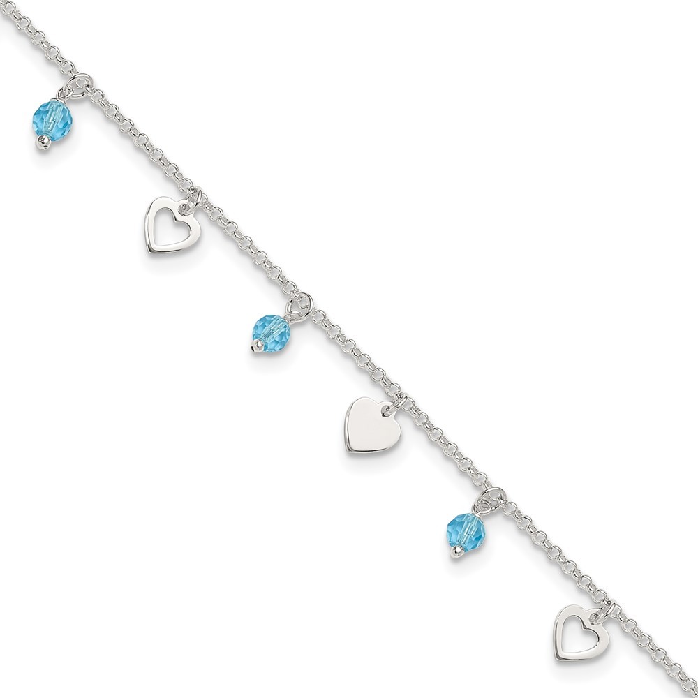 925 Sterling Silver 9" Heart Charm and Blue Glass Plus1" ext. Jewelry Anklet